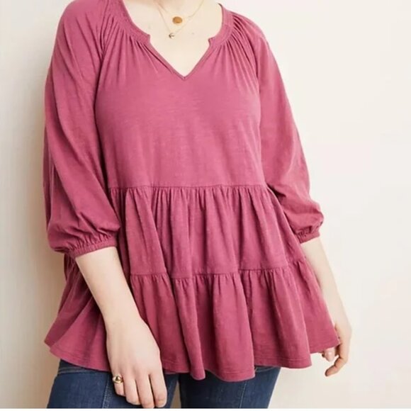 Maeve Anthropologie Rose Dark Pink Tiered XS Petite Split Neck‎ Blouse Shirt Top - Picture 1 of 8